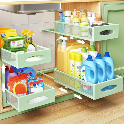 2 Pack Under Sink Organizer, 2 Tier Pull out Cabinet Organizer Mesh Baskets with 5 Adjustable Heights, Sliding Drawers Storage Shelf for Home, Kitchen, Bathroom, Pantry, Office, Countertop ,Green