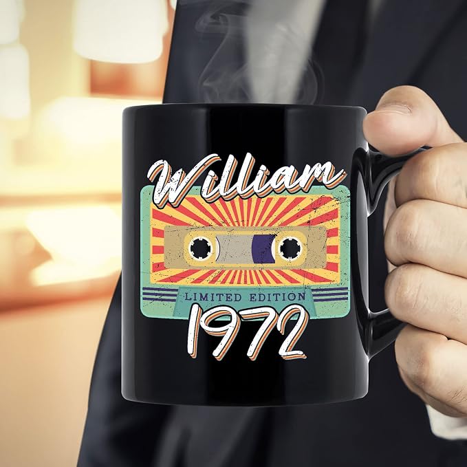 Personalized Vintage Cassette Tape Vintage 1972 Mug, Custom Your Name, 1972 Retro Coffee Mug, 50th Birthday Present Gifts, 1972 Birthday Gift For Friends Family, Customizable Black Tea Cups
