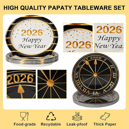 Dereinwo 100 PCS New Year Paper Plates and Napkins | Bundle Includes Paper Oval Dinner Plates Dessert Plates and Napkins for New Year Party Supplies