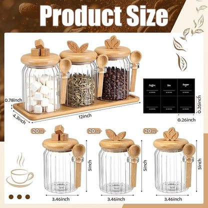 Suclain 3 Pcs Glass Coffee Container with Bamboo Color Lid & Spoon, 20.3 oz Airtight Glass Jar with Wooden Shelf, Food Storage Containers Coffee Jar Tea Container(Bamboo Color)