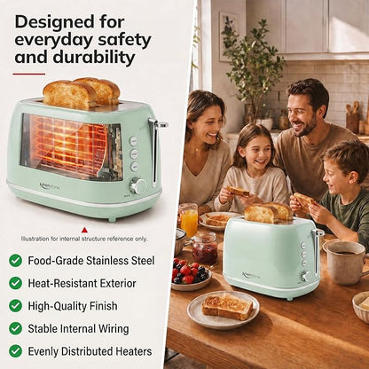 2 Slice Stainless Steel Toaster Retro with 6 Bread Shade Settings, Bagel, Cancel, Defrost Function, Extra Wide Slot, Removable Crumb Tray Green
