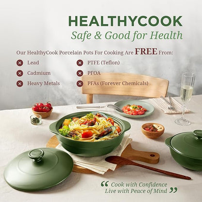 MINH LONG 2-Qt Porcelain Dutch Oven Pot with Lid – Non Toxic Clay Pot for Cooking on Gas & Infrared Cooktop, Lead & Cadmium Free, Oven Safe to 482°F, Heat Retention, Use to Marinate, Cook, Bake, Refrigerate & Serve