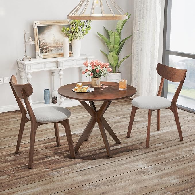 Tangkula Mid-Century Modern Round Dining Table Set for 2, Wooden Kitchen Table & 2 Chairs with Cushioned Seats, Compact 3-Piece Dining Set for Small Spaces, Kitchen, Living Room