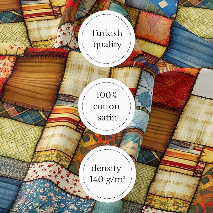 Patchwork Cotton Fabric Panel 61 x 36.6 Inches, Vintage Rustic Quilt Squares Design, 100% Cotton 140 GSM, Sewing Quilting Craft Fabric