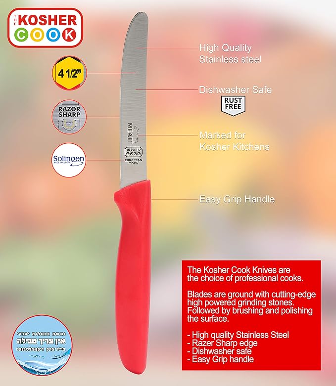 The Kosher Cook Meat Red Dairy Blue Kitchen Knife – 4.5” Steak and Vegetable Knife - Razor Sharp Curved Tip, Straight Edge - Color Coded Kitchen Tools