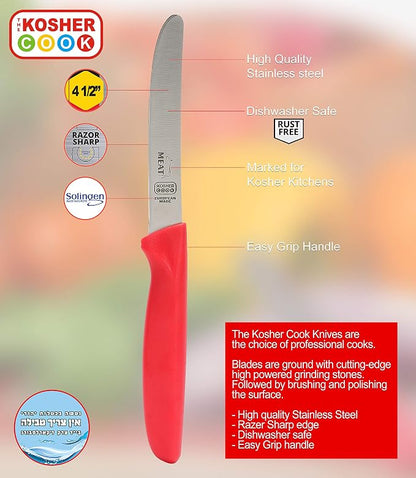 The Kosher Cook Meat Red Dairy Blue Kitchen Knife – 4.5” Steak and Vegetable Knife - Razor Sharp Curved Tip, Straight Edge - Color Coded Kitchen Tools