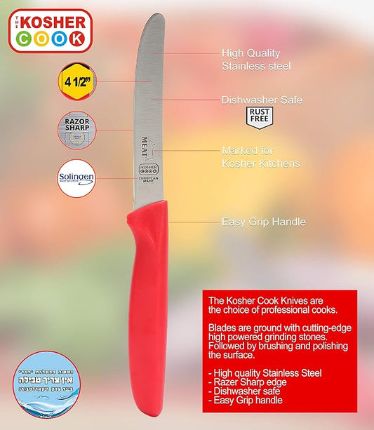 The Kosher Cook Meat Red Dairy Blue Kitchen Knife – 4.5” Steak and Vegetable Knife - Razor Sharp Curved Tip, Straight Edge - Color Coded Kitchen Tools