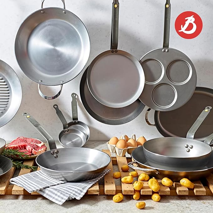 de Buyer MINERAL B Carbon Steel Country Fry Pan - 12.5” Diameter, 8.9” Cooking Surface - Ideal for Sauteing, Simmering, Deep & Stir Frying, One-Pan Meals - Naturally Non-Stick Finish - Made in France