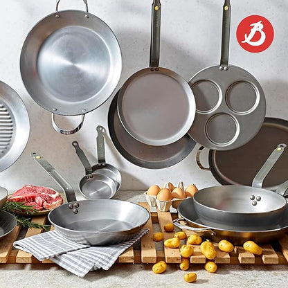 de Buyer MINERAL B Carbon Steel Country Fry Pan - 12.5” Diameter, 8.9” Cooking Surface - Ideal for Sauteing, Simmering, Deep & Stir Frying, One-Pan Meals - Naturally Non-Stick Finish - Made in France