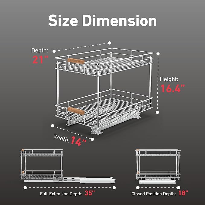 Mount Walker Pull Out Cabinet Organizer(14" W x 21" D), 2 Tier Slide Out Shelves with Wood Handle, Sliding Drawer Pull Storage Shelf for 15-1/4” Cabinet Opening, Chrome