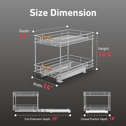 Mount Walker Pull Out Cabinet Organizer(14" W x 21" D), 2 Tier Slide Out Shelves with Wood Handle, Sliding Drawer Pull Storage Shelf for 15-1/4” Cabinet Opening, Chrome