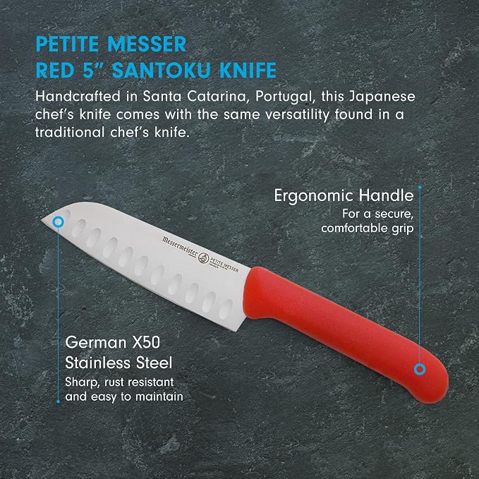 Messermeister Petite Messer 5” Kullenschliff Santoku Knife, Red - German 1.4116 Stainless Steel & Ergonomic Handle - Lightweight, Rust Resistant & Easy to Maintain