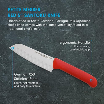 Messermeister Petite Messer 5” Kullenschliff Santoku Knife, Red - German 1.4116 Stainless Steel & Ergonomic Handle - Lightweight, Rust Resistant & Easy to Maintain