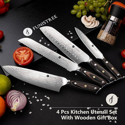 4 Pieces Professional Kitchen Knife Set, Damascus German Stainless Steel Chef Knife Set With Wooden Box, 8" Chef Knife, 5" Utility Knife, 8" Bread Knife, 7" Santoku Knife, Gift for Men Women