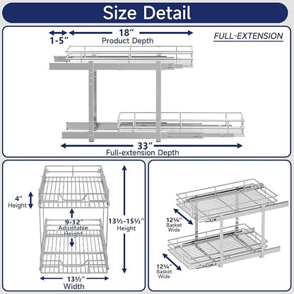 2-Tier Pull Out Cabinet Organizer, 13.5" W x 18" D, Heavy Duty Dual Slide Out Shelves for Base Cabinets, Chrome Wire Basket Drawer for Pantry, Kitchen & Bathroom Storage
