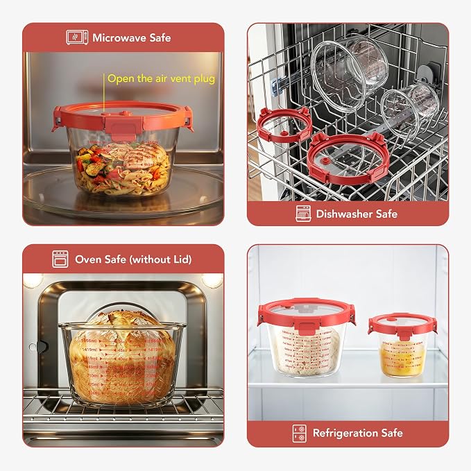 GENICOOK Sourdough Starter & Fermentation Jar Set, 2-Piece Borosilicate Glass Containers with Airtight Lids & Vent Plugs (24oz & 71oz), Wide Mouth Measuring Jars for Dough Mixing, Proofing & Baking