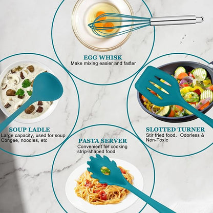 E-far 10 Pieces Silicone Cooking Utensils Set, Heat Resistant Kitchen Utensil Set for Nonstick Cookware, Kitchen Cooking Tools with Spatula, Spoon, Slotted Turner, Non-Toxic & Dishwasher Safe (Blue)