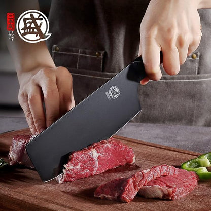 MITSUMOTO SAKARI 7-Inch Japanese Nakiri Knife, Black Titanium Coated | Flat Nakiri edge for vegetable push cuts, black titanium coating, German alloy steel, walnut handle