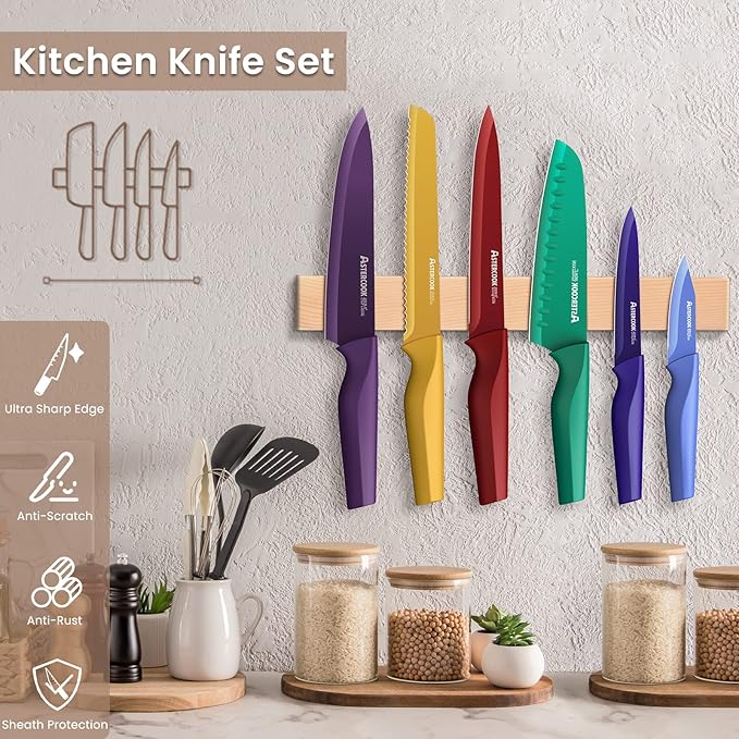Astercook Knife Set, 12 Pcs Color-Coded Kitchen Knives Set, 6 Color Anti-Rust Coating Stainless Steel Chef Knife Sets with 6 Blade Guards Dishwasher Safe Fathers Day Gift for Men