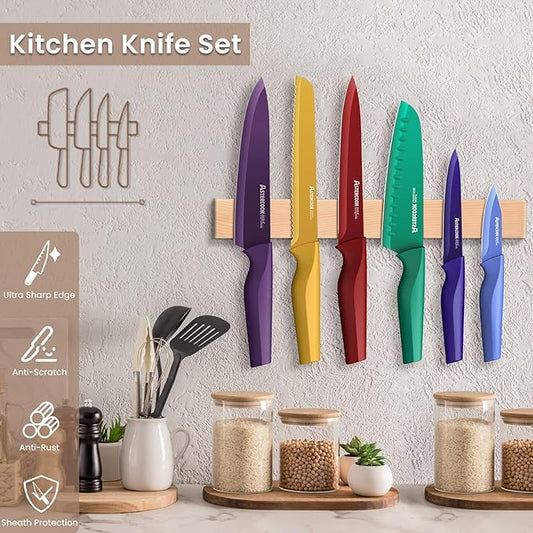 Astercook Knife Set, 12 Pcs Color-Coded Kitchen Knives Set, 6 Color Anti-Rust Coating Stainless Steel Chef Knife Sets with 6 Blade Guards Dishwasher Safe Fathers Day Gift for Men