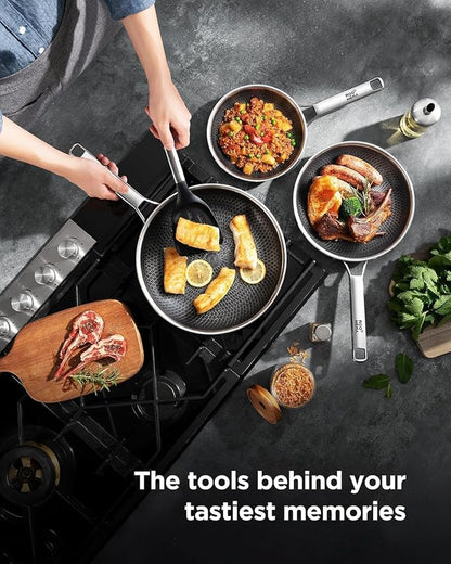 Roomena Non Stick Frying Pans Hybrid Ceramic With Lid, 12 Inch Tri-Ply Stainless Steel Skillet, Non-Toxic, PFAS/PFOA/PTFE Free, Metal Utensil Safe, Dishwasher & Oven Safe,Upgraded Design