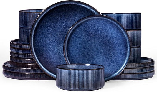 Famiware Star 18-Piece Reactive Glaze Plates and Bowls Sets, Service for 6 - Stoneware Dinnerware with Trim, Modern Rustic Dishes, Chip & Scratch Resistant, Microwave & Dishwasher Safe, Nebulas Blue