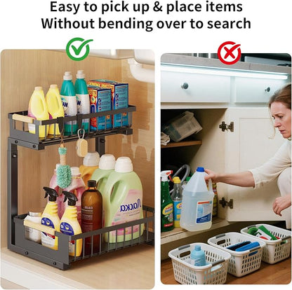 Under Sink Organizer, 2-Tier Slide Out Under Cabinet Storage for Kitchen/Bathroom, Adjustable Double Layer Under Sink Drawers, Space Saving Inder Sink Organizer for Cleaning Supplies(Black,2 Packs)