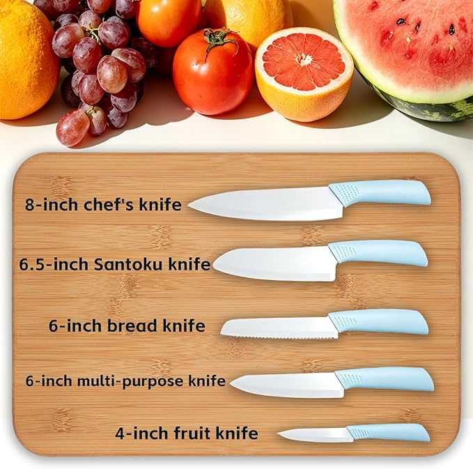 Ceramic Knives Set for Kitchen 5-Piece Set, Sharp Lightweight, Rust Resistant and Stain Resistant, Pure White Blade, Sky Blue Handle