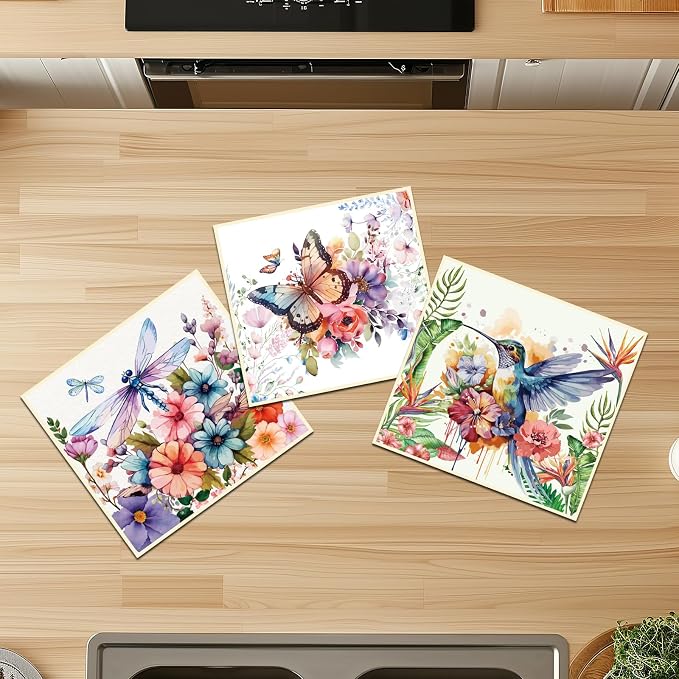 Reusable Swedish Dishcloths for Kitchen, 6 Pack Birds Flowers Butterfly Absorbent Swedish Dish Cloths, Reusable Paper Towels Washable for Kitchen Countertop Sink Fast Drying Degradable Dishes Cloths