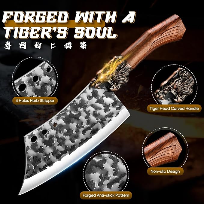 Purple Dragon Butcher Knife Set Tiger-Head, 8 PCS Japanese Chef Knife Set with Roll Bag, Meat Cleaver Boning Viking Knives, Sharp Kitchen Knives for Home, Outdoor, Camping BBQ Christmas Gift for Men