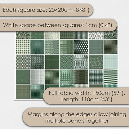 Cotton Satin Patchwork Fabric Panel – 35 Designs, 20×20 cm Squares, Single Piece 150×110 cm, Green Botanical Quilt Fabric (Forest Green Patchwork Set, 35pcs 8x8 inch)