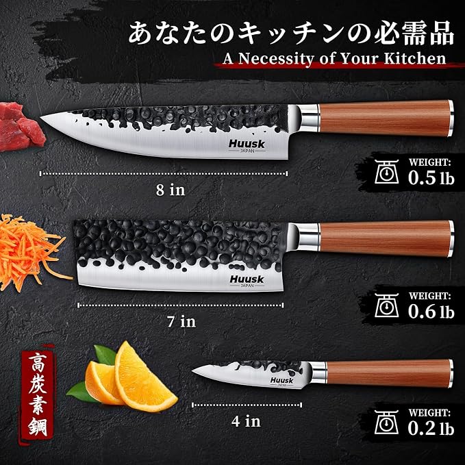 Huusk Japanese Kitchen Knife Set of 3, Professional Chef Knives Set for Kitchen, Sharp Cooking Knife Sets with Nakiri, Gyuto & Paring Knives, High Carbon Steel Sharp Cutting Knifes, Men Women Gifts