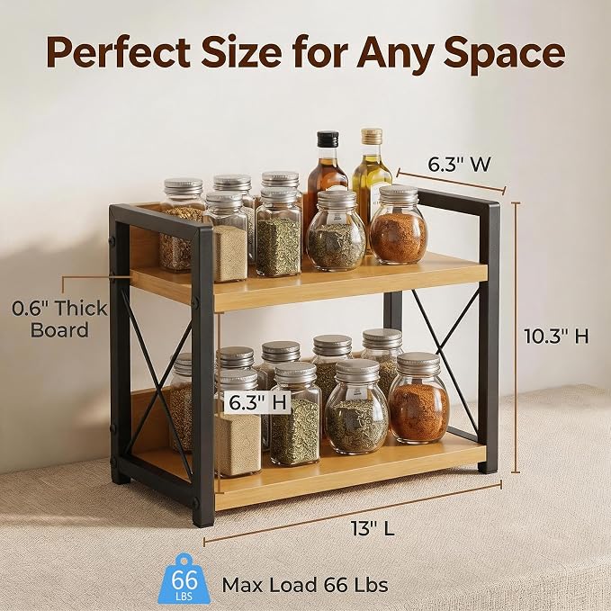 2-Tier Countertop Organizer, Iron-Wood Coffee Station Shelf, Heavy Duty Kitchen Counter Spice Rack for Coffee Bar, Pantry, Bathroom Storage (Bamboo)