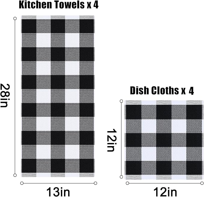 Homaxy Kitchen Towels and Dishcloths Set, 12 x 12 and 13 x 28 Inches, Set of 8 100% Cotton Waffle Weave Check Plaid Kitchen Dish Towels, Super Soft and Absorbent Dish Cloths, White & Black