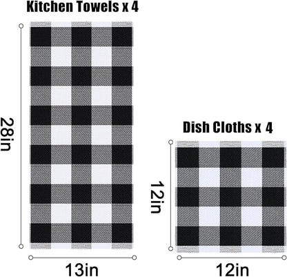 Homaxy Kitchen Towels and Dishcloths Set, 12 x 12 and 13 x 28 Inches, Set of 8 100% Cotton Waffle Weave Check Plaid Kitchen Dish Towels, Super Soft and Absorbent Dish Cloths, White & Black
