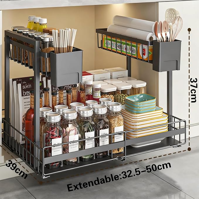 Expandable Pull Out Cabinet Organiser, No Drill Adhesive Slide Out Kitchen Drawer Shelf Durable Metal for Under Sink, Cupboard, Pantry, Adjustable Width (12.8"-19.7")