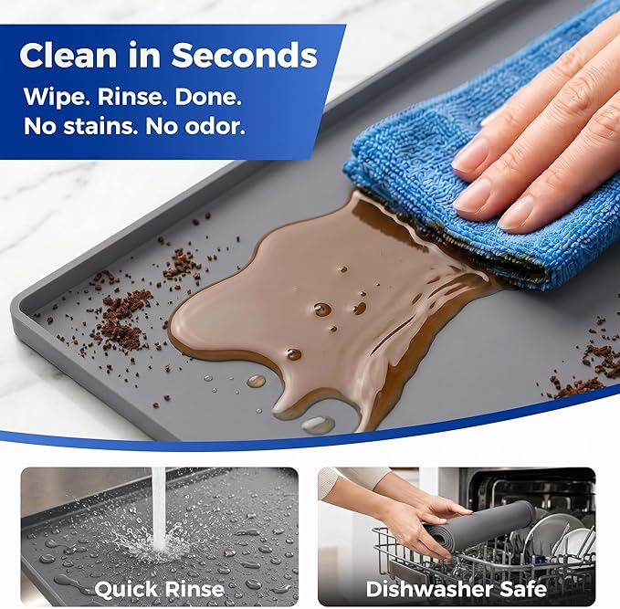 Golener Silicone Coffee Mat - 24" x 16" Coffee Bar Mat for Countertop with Raised Edges, Kitchen Station Pad, Accessories Fit Under Coffee Machine, Waterproof Dish Drying Mat, Heat Resistant, Gray