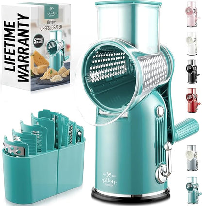 Zulay Kitchen Rotary Cheese Grater 5 Blade Cheese Shredder - Manual Hand Crank Cheese Grater With Reinforced Suction & 5 Interchangeable Drums - Easy to Use, Vegetable Chopper Round Mandoline Slicer