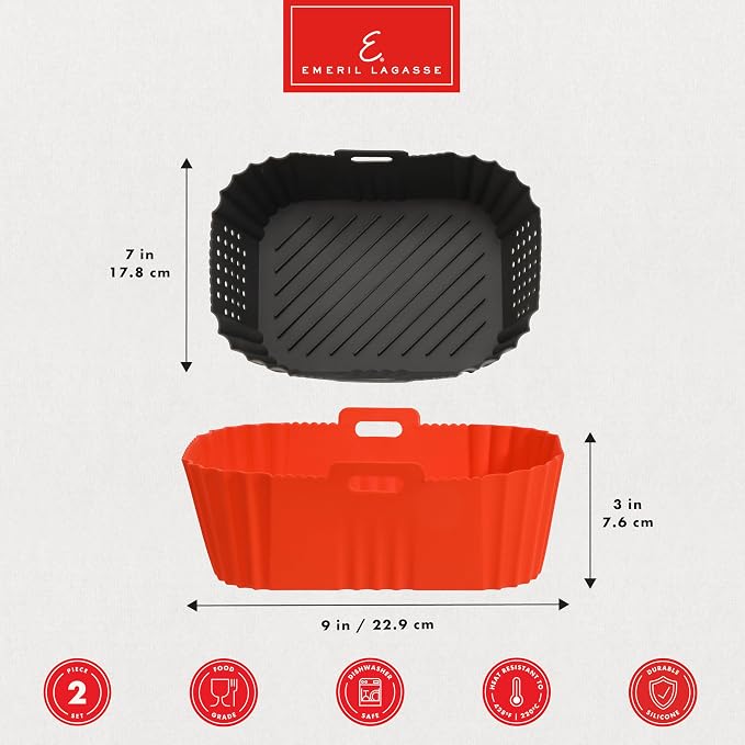 Reusable Silicone Air Fryer Liners for Emeril Lagasse Air Fryer Oven – Non-Stick Reusable Air Fryer Basket Liners – Dishwasher Safe – 9 x 7 x 3 Inch – 2 Pack – Black