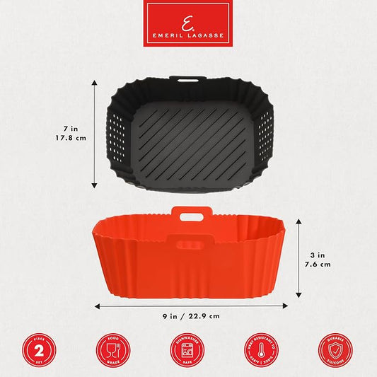 Reusable Silicone Air Fryer Liners for Emeril Lagasse Air Fryer Oven – Non-Stick Reusable Air Fryer Basket Liners – Dishwasher Safe – 9 x 7 x 3 Inch – 2 Pack – Black/Gray