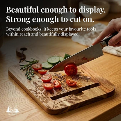 Wooden Cookbook Stand for Kitchen Counter - Reversible Recipe Book Holder with Cooking Measurement Conversion Card - Gift-Ready Adjustable Tablet Cookbook Holder Stand - 13.7"x8.2"