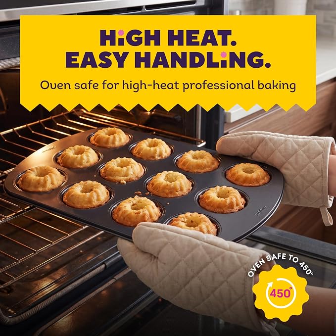 Wilton Gold Non-Stick Bakeware Mini Fluted Pan - Baking Pan for Mini Bundt Cakes, Donuts & More - Made Without PFAS & Scratch Resistant - Offers Even Heat Distribution - 16.5 x 11 Inch, 12 Cavity