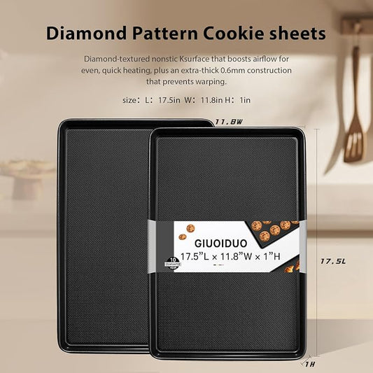 GIUOIDUO 2-Pack Commercial & Home Baking Sheet Pans - Heavy Duty Nonstick Carbon Steel Cookie Trays, Warp-Resistant Oven Pans for Baking, Roasting & Sheet Pan Meals (17.5x11.8 Inch)