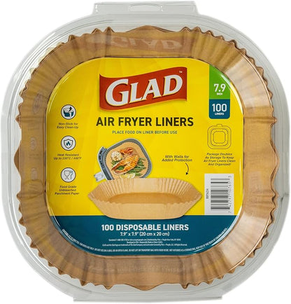 Glad Air Fryer Liners with Raised Walls, Nonstick Parchment, Heat Resistant to 446 Degrees F, Food-Grade, Rounded Square Shape, Fits Square and Round Air Fryers, 7.9", 100 Count
