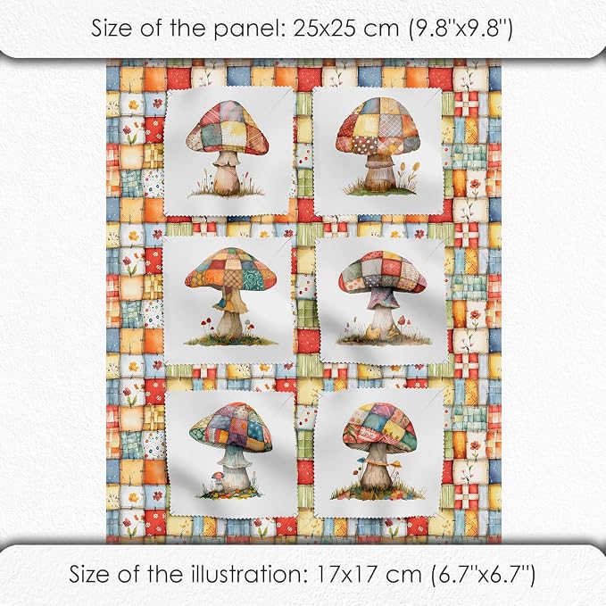 Patchwork Mushroom Cotton Fabric Panel – 6 Designs (10×10 inch Each) + Bonus Sheet 29.5×19.6 inch, 100% Cotton 140 GSM, Made in Türkiye