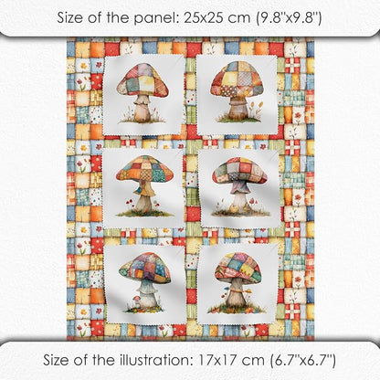Patchwork Mushroom Cotton Fabric Panel – 6 Designs (10×10 inch Each) + Bonus Sheet 29.5×19.6 inch, 100% Cotton 140 GSM, Made in Türkiye