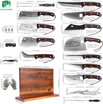 FULLHI 19pcs Butcher Chef Knife Block Set with Meat Fork Scissors Knife Holder, High Carbon Steel Full Tang Cleaver Kitchen Knife Set for Home, BBQ, Camping