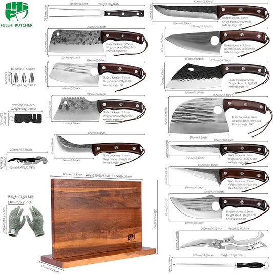 FULLHI 19pcs Butcher Chef Knife Block Set with Meat Fork Scissors Knife Holder, High Carbon Steel Full Tang Cleaver Kitchen Knife Set for Home, BBQ, Camping