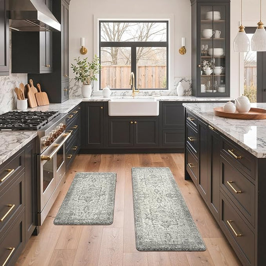 GENIMO Kitchen Mats for Floor 2PCs, Washable Anti Fatigue Mat for Cushioned, 17.3"x47"+17.3"x30", Waterproof Kitchen Rugs, Non Slip Comfort Standing Mat Rug for Home, Sink, Laundry, Stone Gray