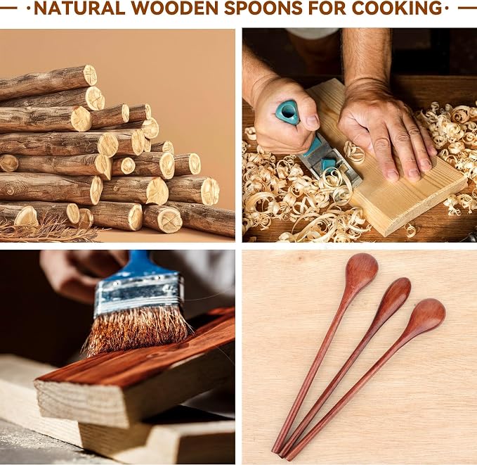 8 Pieces Wooden Spoons Set, 8 Inch Small Wooden Spoons for honey, Long Handle Mixing Teaspoon, Handmade Wood Coffee Spoon, Tiny Stirring Spoon for Kitchen Desserts Tasting